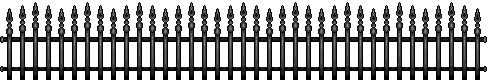 A pixel art footer image of black gothic style fences. The fence pickets have a point on the top, and there are two horizontal beams that run along the middle of the pickets.