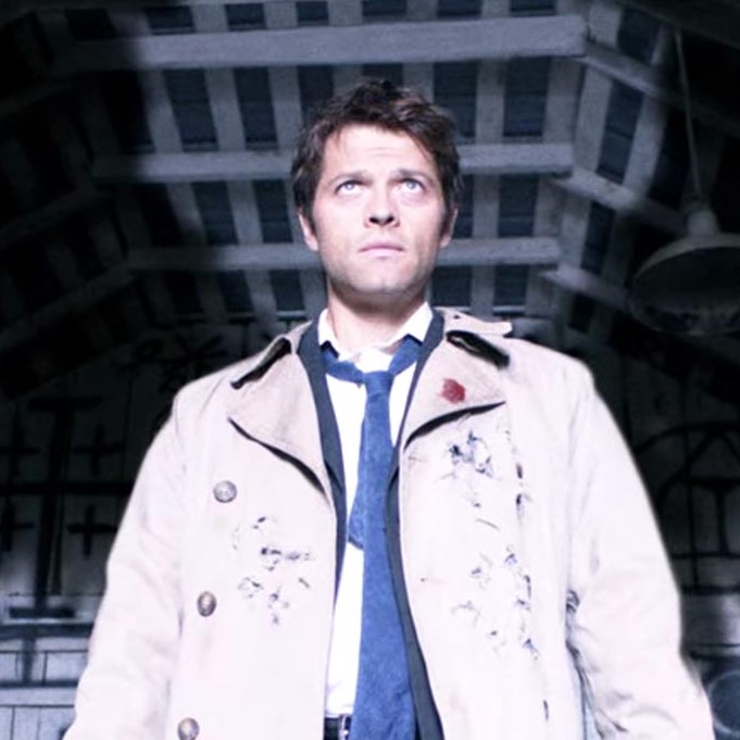 A square picture of Castiel from Supernatural as portrayed by Misha Collins. He is a pale man with dark hair and blue eyes, wearing large tan trench coat and a blue tie.