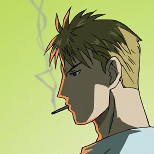 A cartoon man with two-toned hair and blue eyes. He is smoking a cigarette.