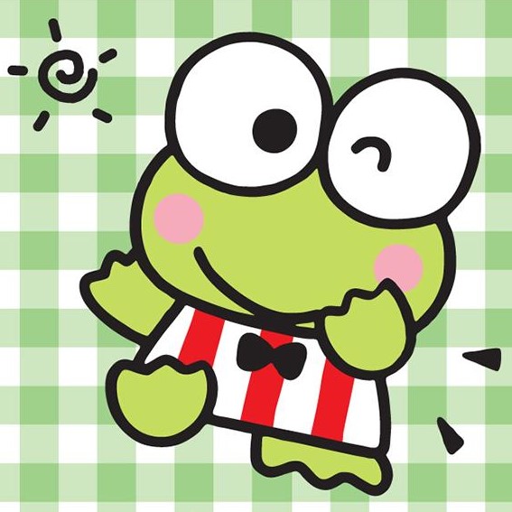 A little green frog wearing a striped red and white shirt.