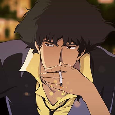 An anime man with olive skin, green hair and brown eyes. He is wearing a blue blazer and is smoking a cigarette.