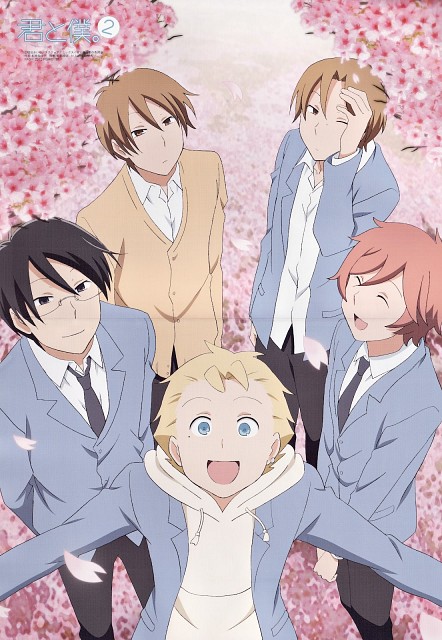 The five main characters from the anime series are standing under a blooming cherry blossom tree.
