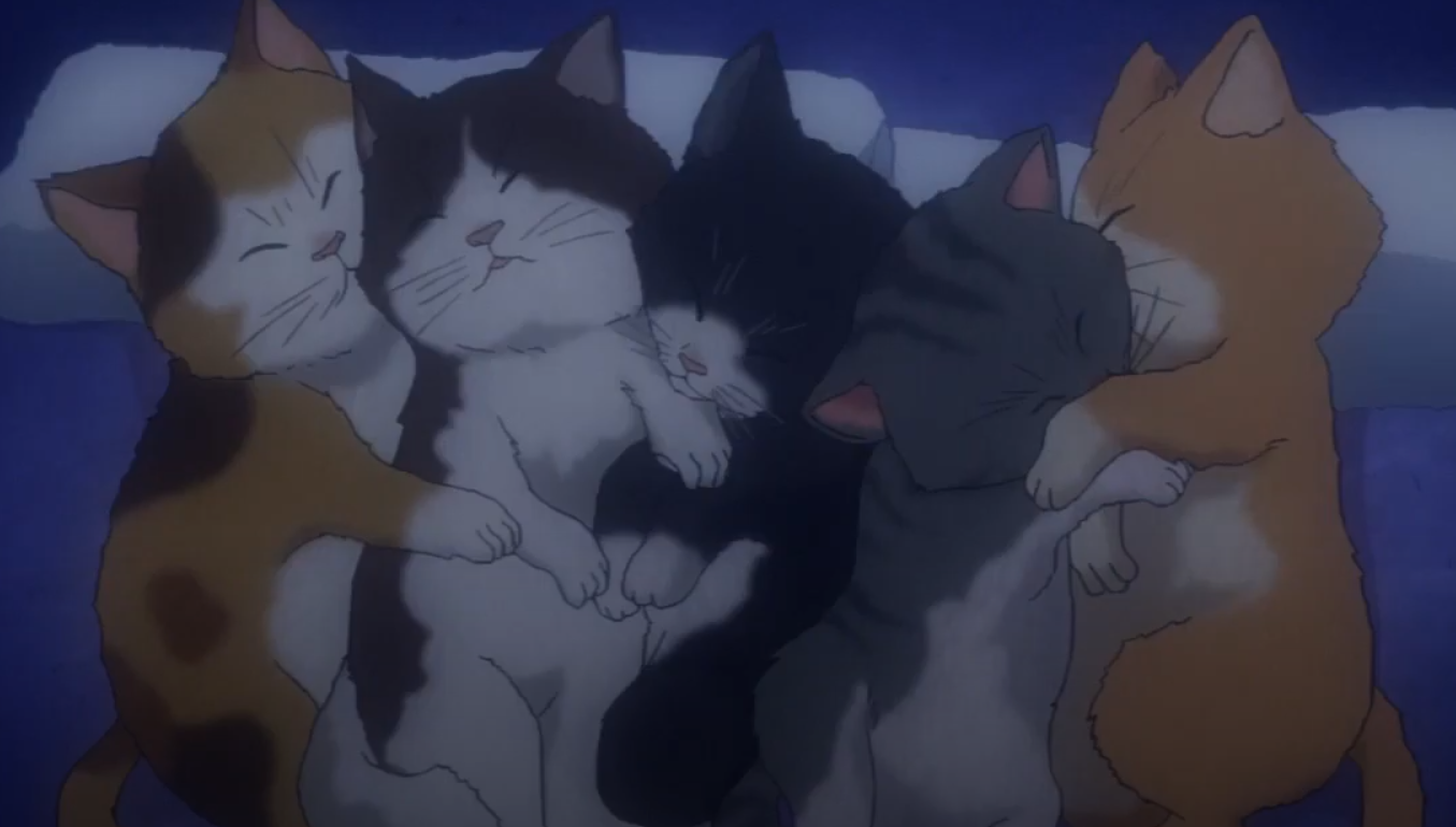 Five little cartoon kittens snuggling happily in the dark.