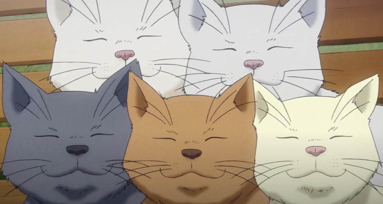 Five cartoon cats smiling at the viewer, all visually corresponding to one of the main characters.