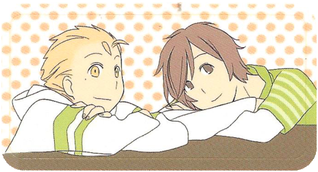 A scanned sticker of Shun and Chizuru sitting at a table on an orange polka-dot background. They are both resting on their arms.