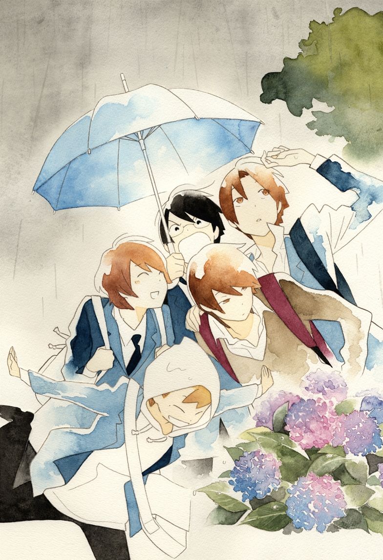 A watercolor illustration of the five main characters from the manga standing under an umbrella in the rain. Kaname is yelling, Shun is chuckling, Chizuru is running by, and the twins are looking away trying not to get wet. The color palette is subdued and moody to reflect the weather.